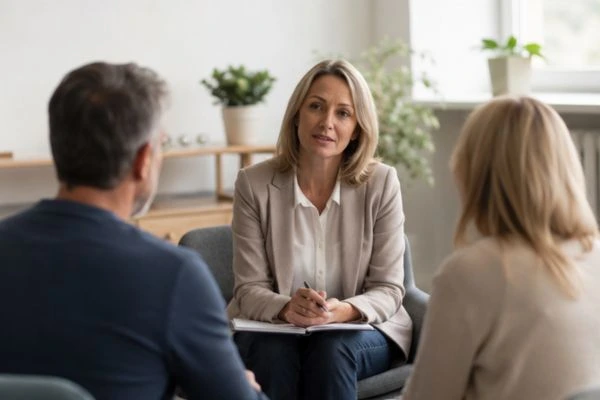 Couple discussing financial arrangement , pensions in divorce Brighton